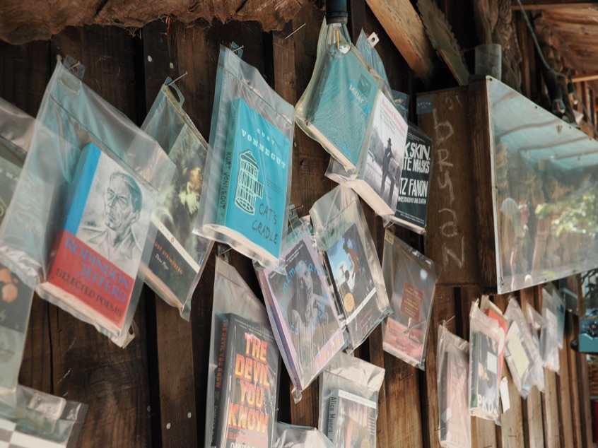 Books displayed at the Henry Miller Memorial Library